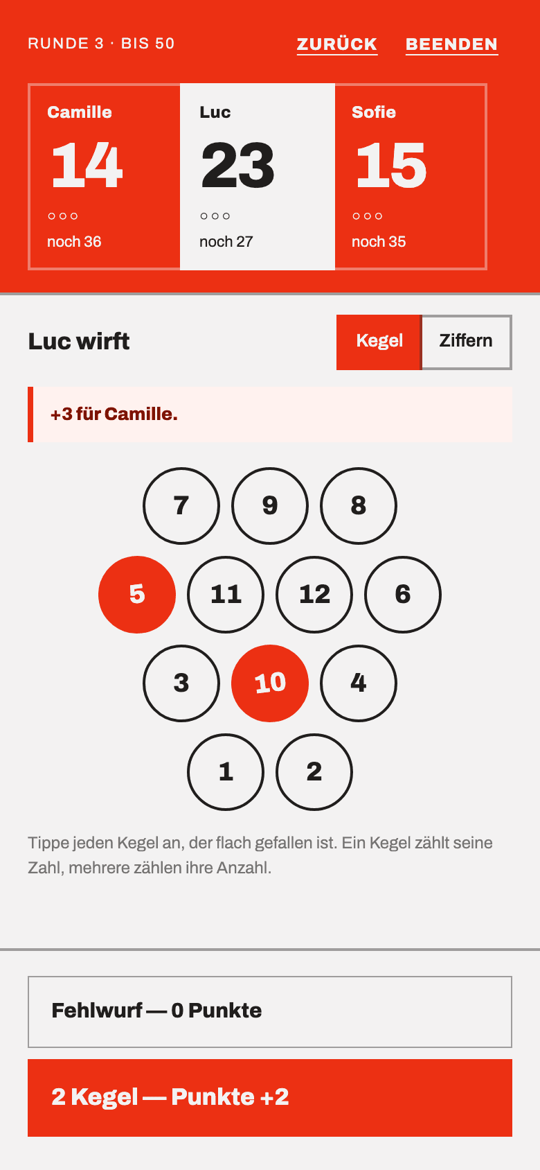 Eine laufende Partie mit drei Spielern. Die Kegel 5 und 10 sind ausgewählt, die Schaltfläche zeigt „2 Kegel — +2 werten“.