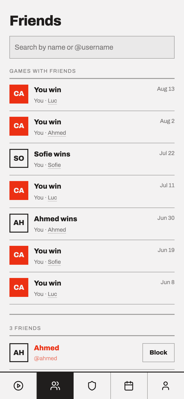 The Friends page, listing recent games played between friends, with three friends below.