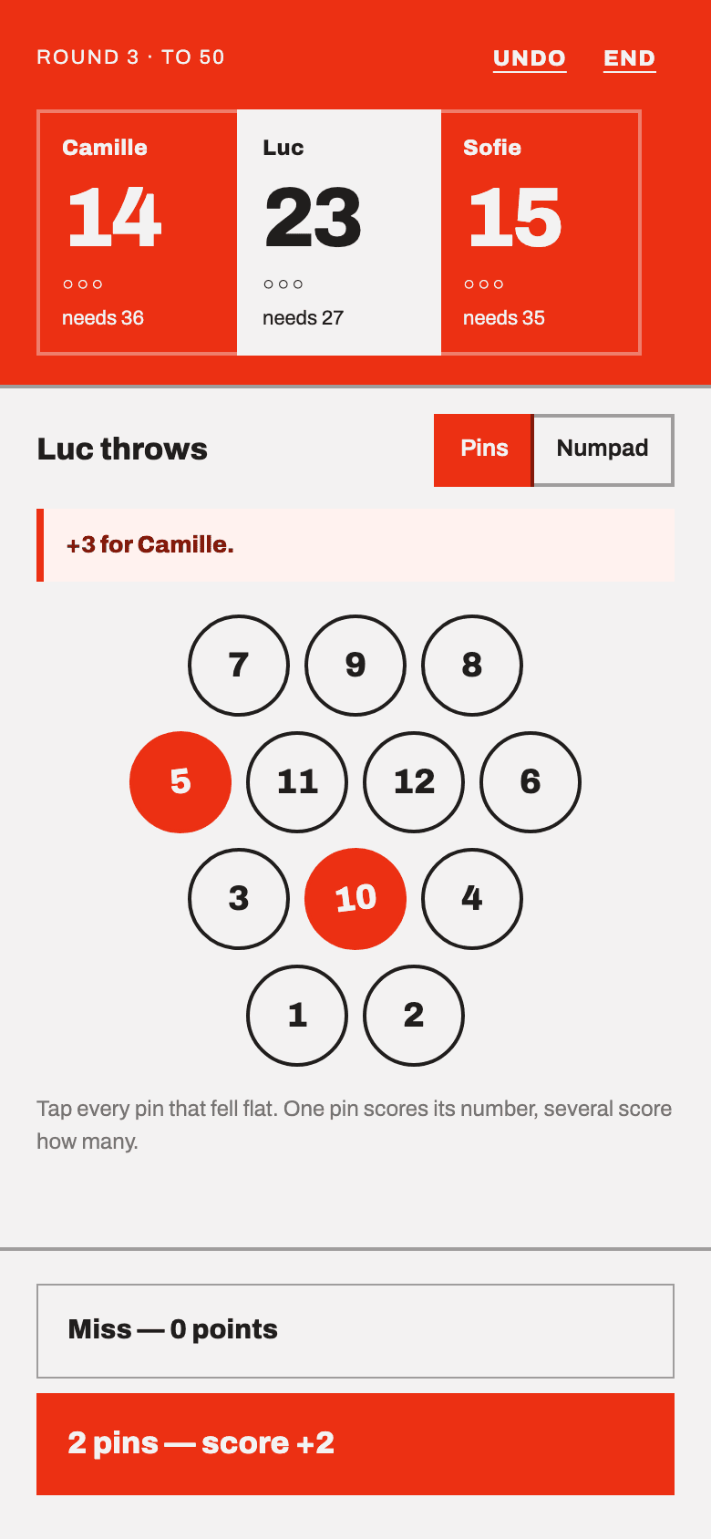 A three-player game in progress. Pins 5 and 10 are selected and the button reads “2 pins — score +2”.